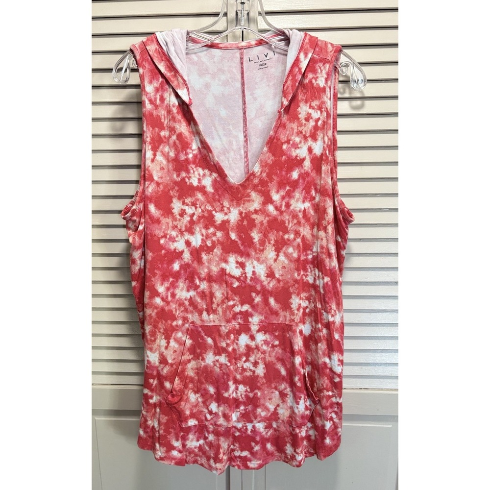 LIVI Tie Dye Red/Pink Hood Sleeveless Tunic Size 18/20 Soft Casual Relaxed